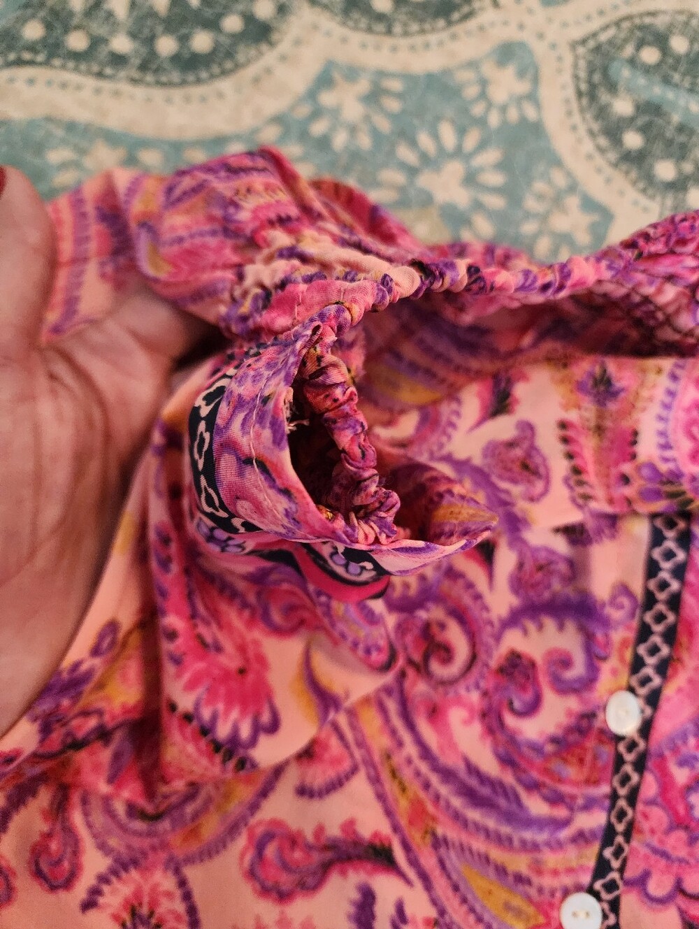 Vibrant Pink Paisley Boho Tiered Maxi Skirt Front Button Slit Smocked Waistband - Picture 12 of 13